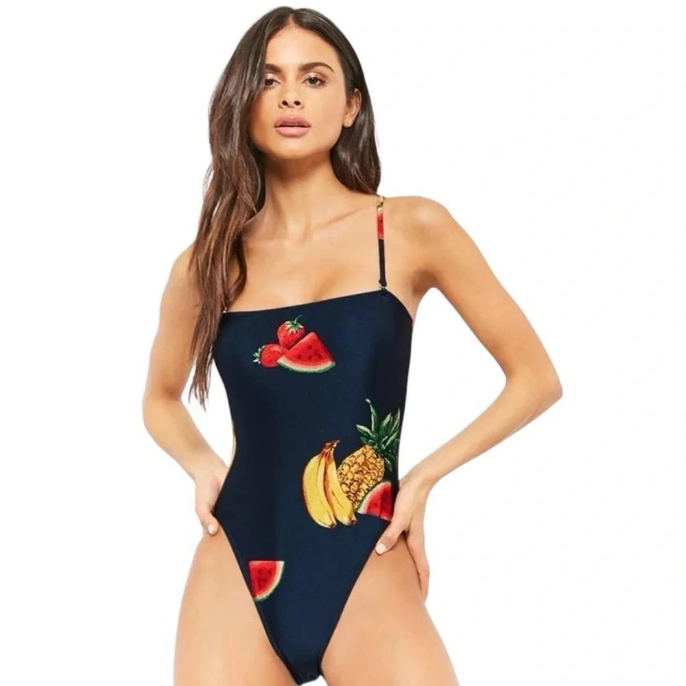 Forever 21 Fruit Print One Piece Swimsuit Large NWT Navy Blue Watermelon Banana
